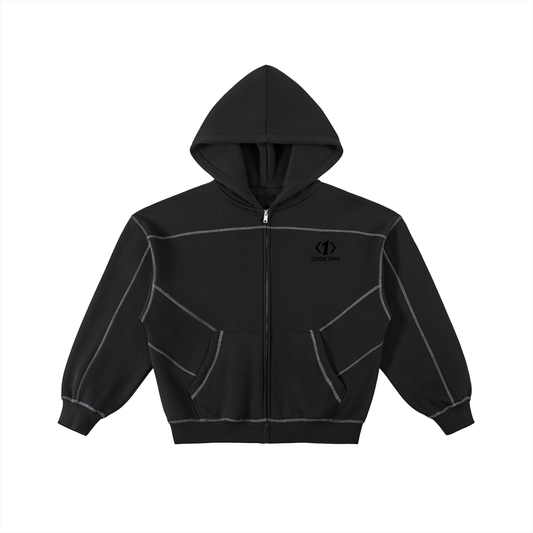 Contrast-Stitched Boxy Fleece Zip Hoodie
